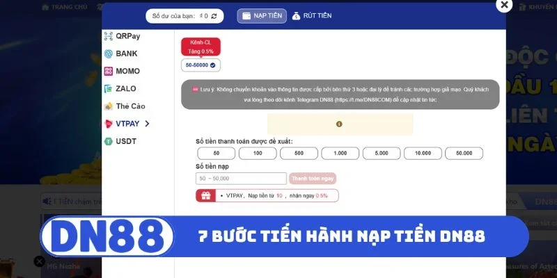 Nạp Tiền DN88 2 7 bước tiến hành nạp tiền DN88 vào tài khoản